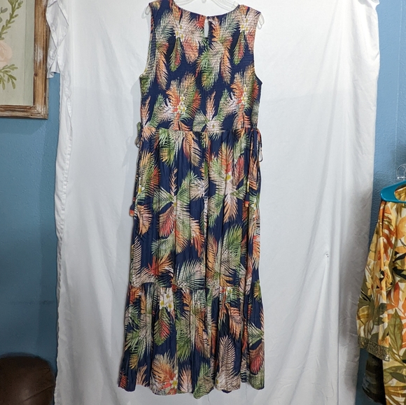 Terra & Sky 1X Maxi Dress Blue Floral Tropical Tassled Pockets Sleeveless 16 18 - Picture 9 of 13